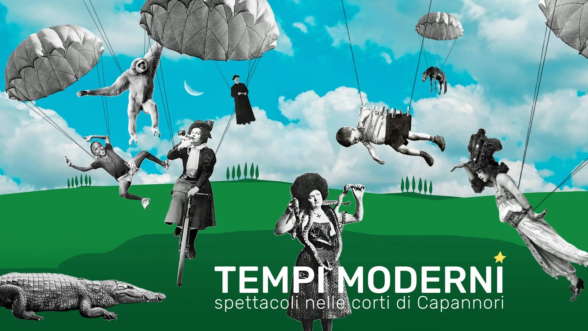 tempimoderni affiche. personnes volent avec des parapluies sur une colline